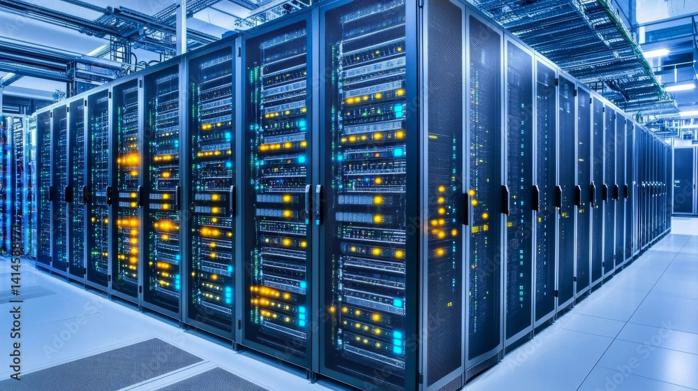 High tech data center with rows of server racks illuminated by blue and orange lights, showcasing advanced technology and network infrastructure High tech data center with rows of server racks illuminated by blue and orange lights, showcasing advanced technology and network infrastructure