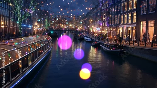 Canal City Lights Boat Evening Festive Scene
