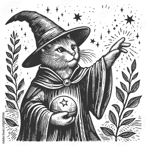 Magical Wizard Cat Casting Spell with Stars vector