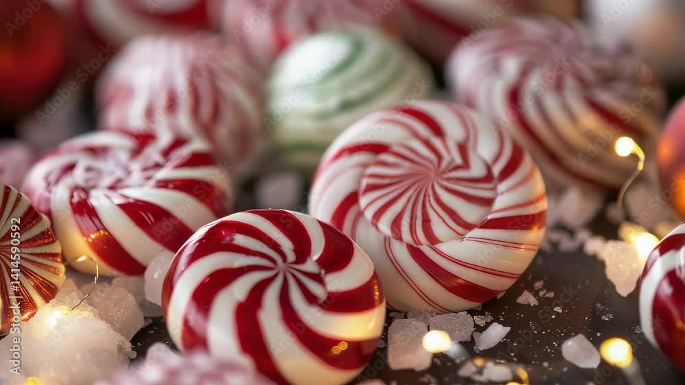 Red and white striped candy canes lie on a dark surface, sprinkled with coarse salt, surrounded by Christmas lights and red ornaments, creating a festive holiday scene