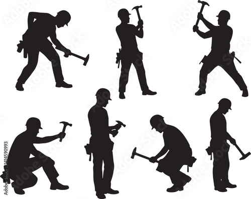 Construction Worker Silhouettes – Black and White Illustrations of Various Poses and Manual Work