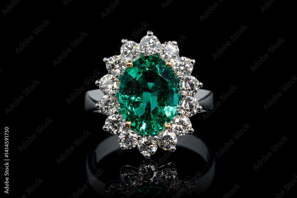 silver or gold ring with emerald stone and diamonds on black background