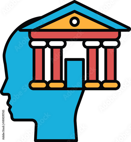 A blue head with a building on top of it