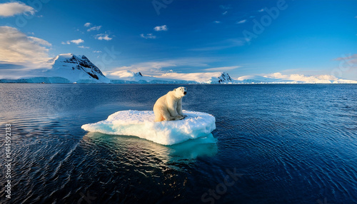 Giant white Polar Bear floating around on a small ice floe in the atlantic ocean with beautiful background scenery