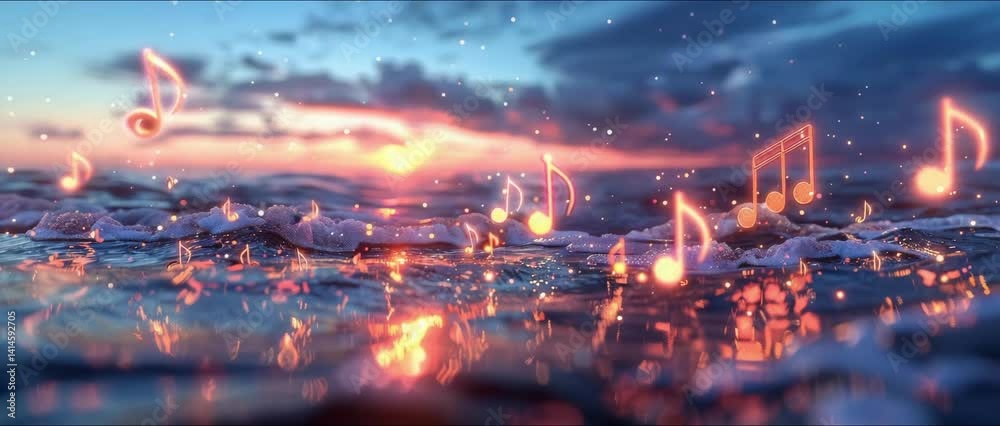 A captivating sunset scene featuring gentle ocean waves adorned with floating musical notes, creating a magical and calming ambiance perfect for artistic illustrations.