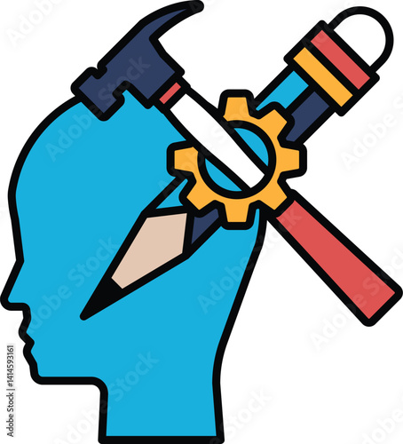A blue head with a hammer and a pencil on it