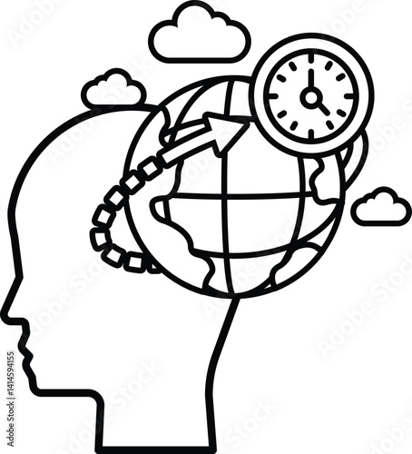 cartoon drawing of a head with a globe on top and a clock in the middle