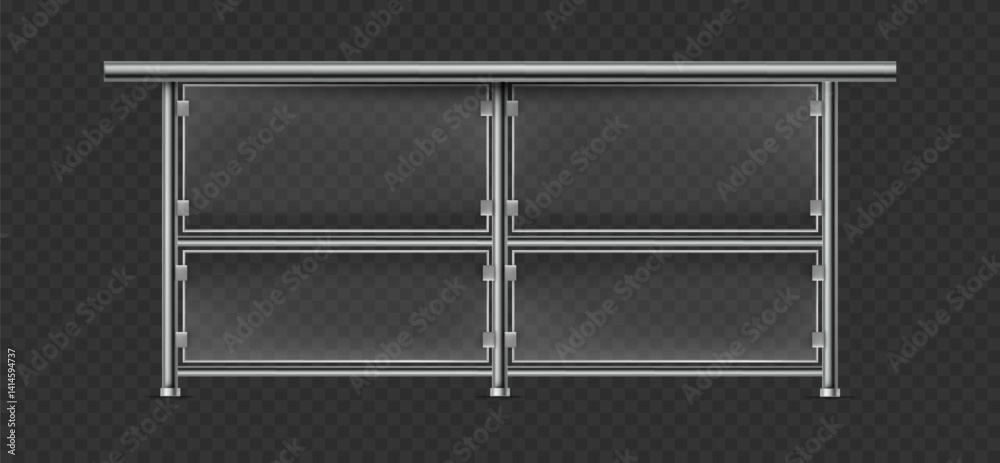 Fototapeta premium Realistic glass balcony railings with metal frames and pillars. Vector realistic mockup terrace fence design for construction projects