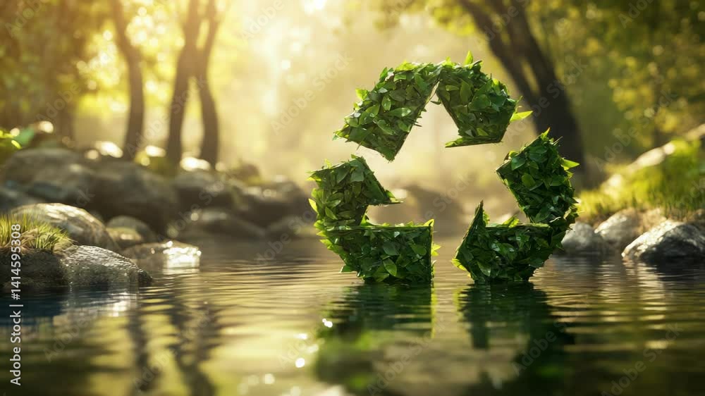 Green recycle symbol in forest stream, sunrise