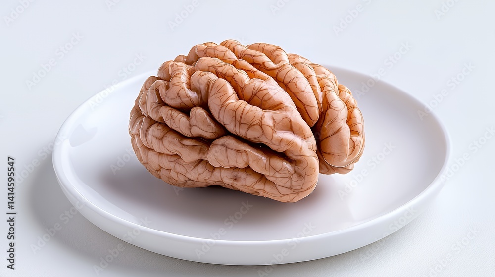 Detailed view of a human brain on white plate Detailed view of a human brain on white plate