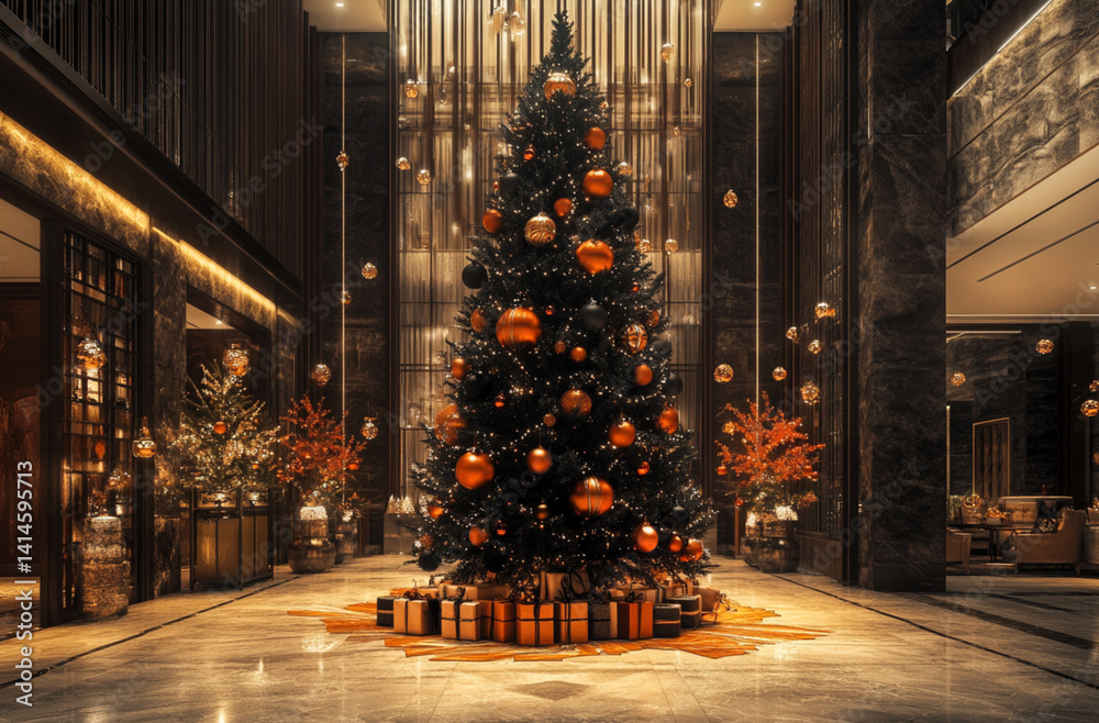 a visual of a tall christmas tree with orange and black ornaments in a hotel lobby like beautiful location, the tree is to the left of the image