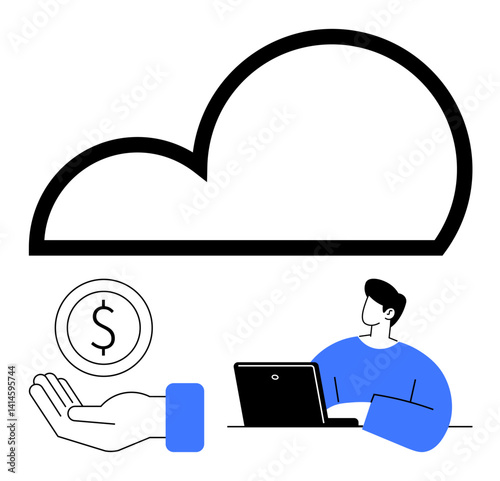 Cloud outline above a worker using a laptop and a hand holding a dollar coin. Ideal for finance, remote work, cloud storage, digital economy, modern business, data sharing, simple landing page