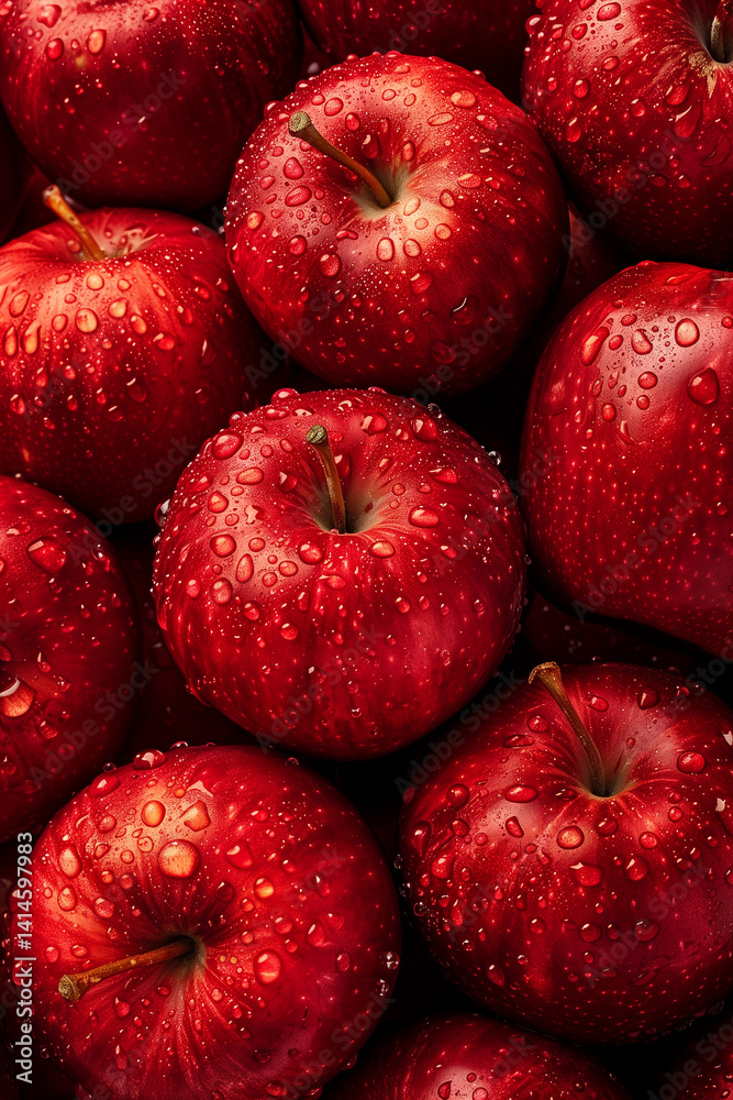 Close-up of fresh, juicy red apples with water droplets. The vibrant colors create a mouthwatering visual Close-up of fresh, juicy red apples with water droplets. The vibrant colors create a mouthwatering visual