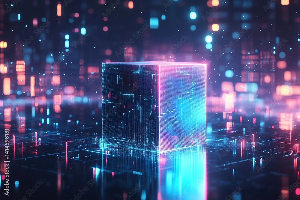 Neon gradient wireframe cube suspended in dark space with holographic glow effect, showing futuristic cyberpunk aesthetic and digital abstract concept. Neon gradient wireframe cube suspended in dark space with holographic glow effect, showing futuristic cyberpunk aesthetic and digital abstract concept.