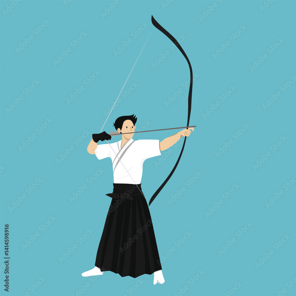Kyudo Japanese Archery man Traditional Outfit Aiming Pose Kyudo Japanese Archery man Traditional Outfit Aiming Pose