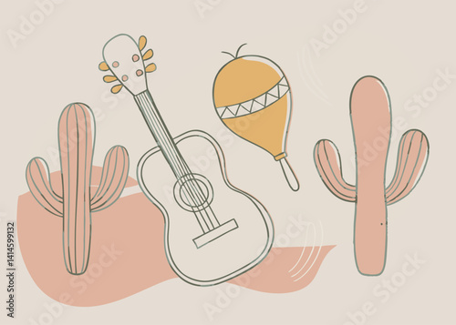 Vibrant Cactus and Guitar. A Mexican Desert Scene