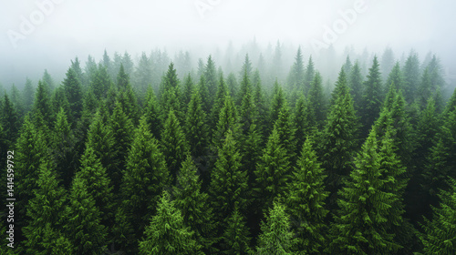 Lush green forest with misty atmosphere, showcasing nature beauty and tranquility