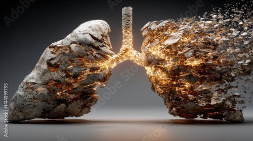 pair of lungs made of stone is breaking apart, symbolizing damaging effects of smoking. image conveys powerful message about health risks and impact on respiratory system