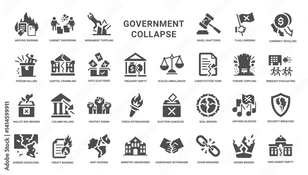 Fototapeta premium collection icons collapse government institutions societal order, falling podium crumbling capitol