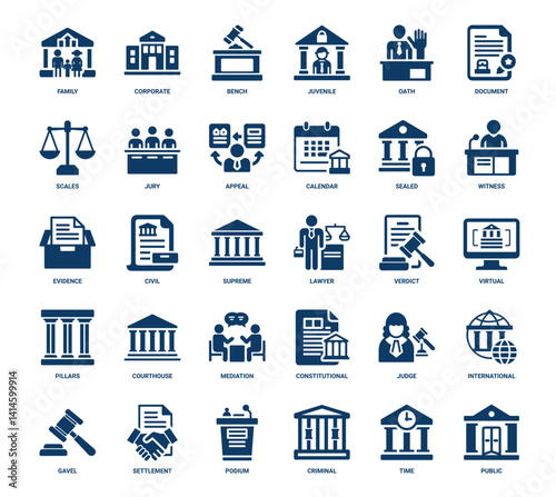 collection dark blue icons aspects justice system legal proceedings, Sealed Evidence Witness Civil
