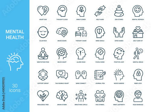 mental health line icon set, calm assistance meditation relaxation