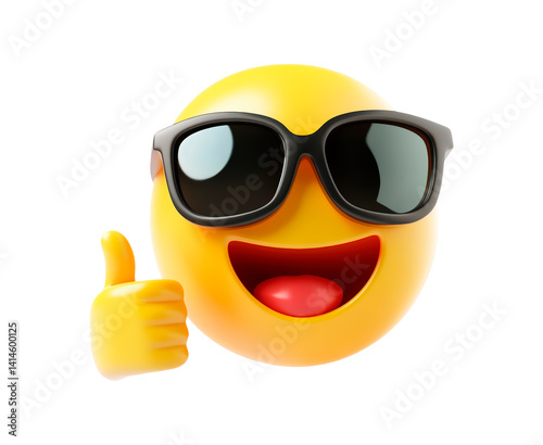 Obraz na płótnie Smiling yellow emoji wearing black sunglasses giving a thumbs up isolated on transparent background w salonie