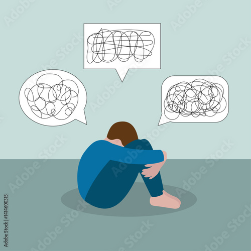 Sad Person Sitting in Fetal Position with Anxiety Thoughts