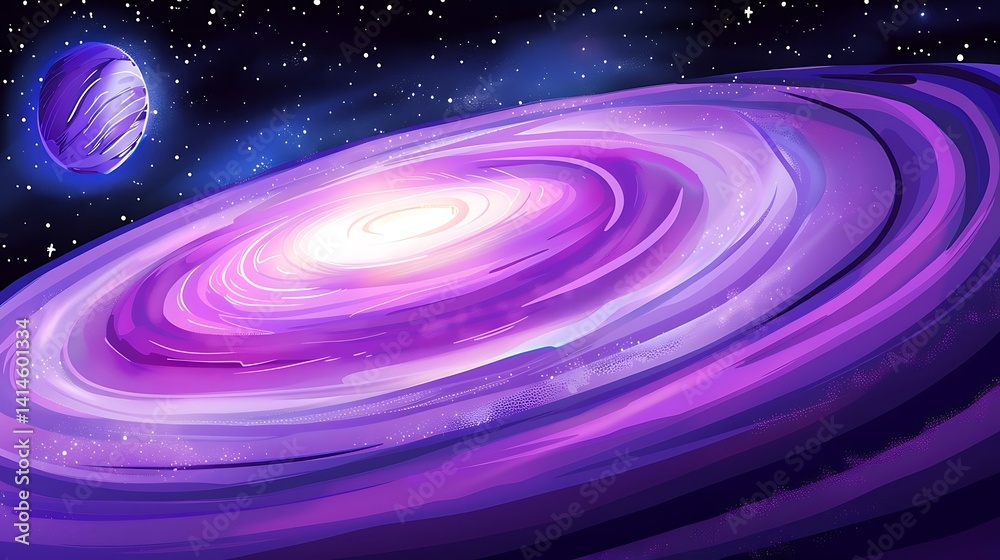 Fototapeta premium Vibrant swirling galaxy with a distant planet, abstract cosmic art