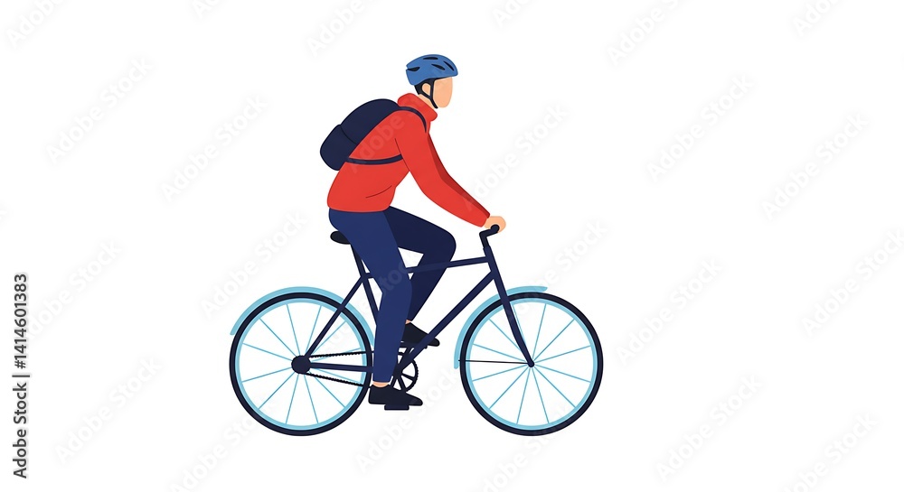 A person riding a bicycle wearing helmet and backpack, isolated on white background