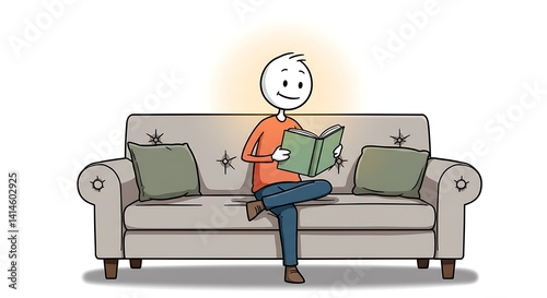 Stickman Reading on Couch Illustration	Cozy and friendly illustration of a stickman reading a book on a couch. Great for education, relaxation, and storytelling visuals.