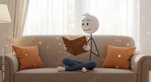 Stickman Reading on Couch Illustration	Cozy and friendly illustration of a stickman reading a book on a couch. Great for education, relaxation, and storytelling visuals.