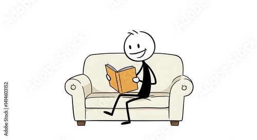 Stickman Reading on Couch Illustration	Cozy and friendly illustration of a stickman reading a book on a couch. Great for education, relaxation, and storytelling visuals.
