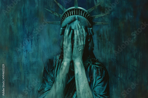 The Statue of Liberty burying her face in her hands in shame