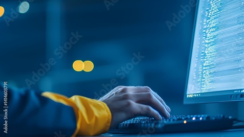 Programmer Coding at Night, Close up of hands coding on computer at night