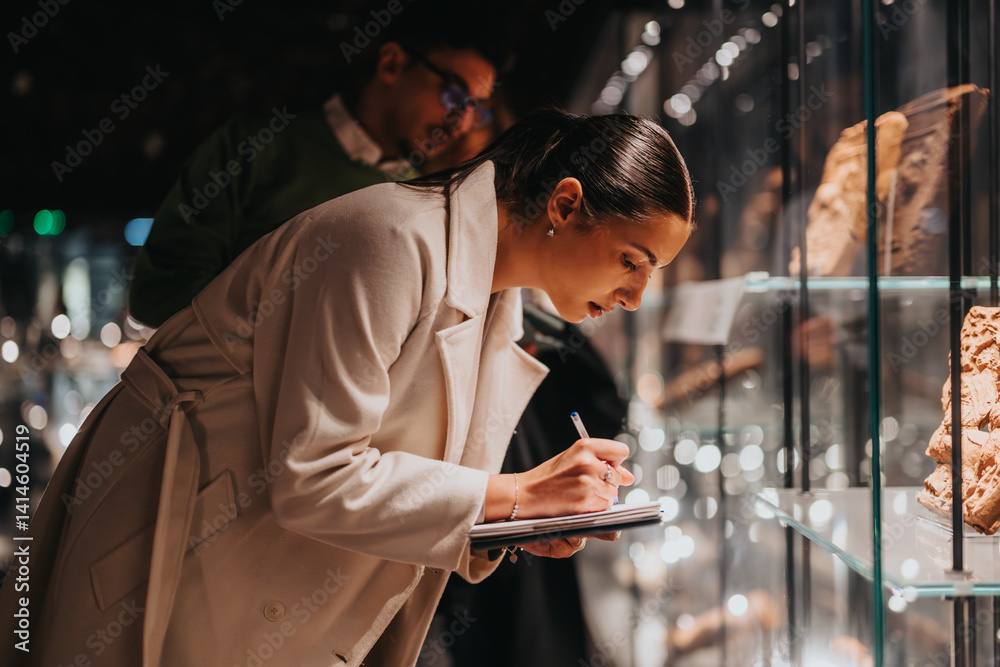 Φωτογραφία A woman observes and takes notes at a museum exhibit, showcasing artifacts in illuminated display cases, emphasizing concepts like education, and cultural heritage in a modern, scholarly setting