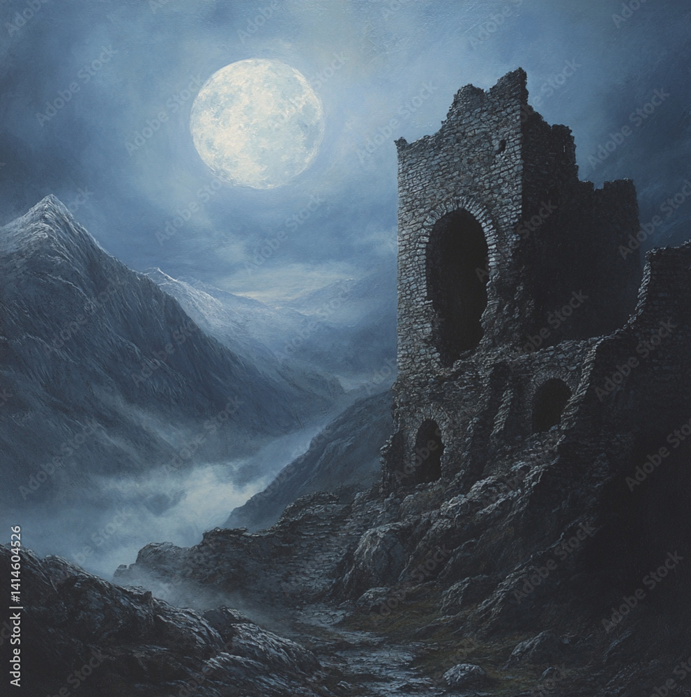 dark fantasy art of a stone castle in the mountains, under the full moon with fog.