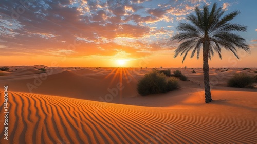 Stunning Desert Sunset with a Lone Palm Tree and Golden Sand Dunes