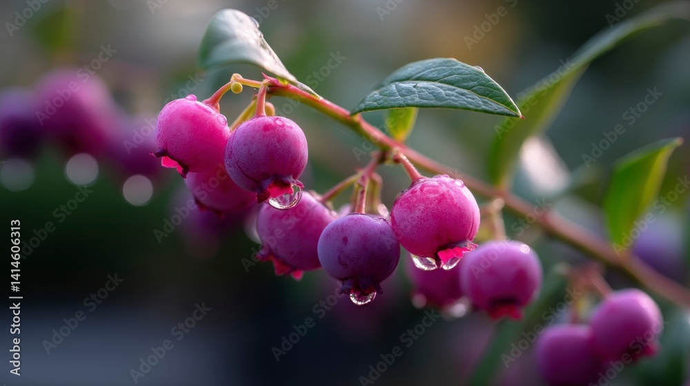 Close-up of Pink Blueberries with Water Droplets on a Branch Close-up of Pink Blueberries with Water Droplets on a Branch