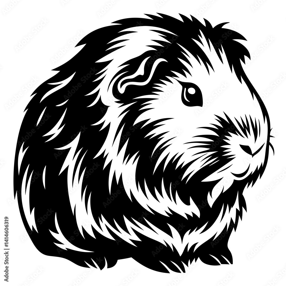 Stylized black and white graphic illustration of a cute guinea pig portrait Stylized black and white graphic illustration of a cute guinea pig portrait