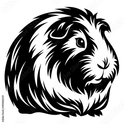 Monochromatic Illustration of a Peruvian Guinea Pig with Bushy Fur and Intense Eyes