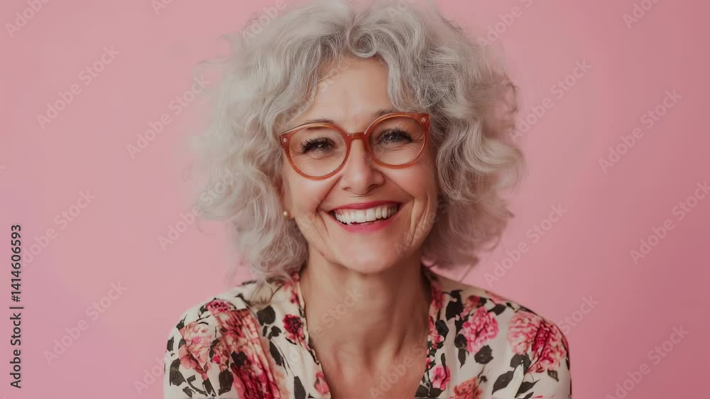 Portrait of a cheerful mature lady with gray curly hair and eyeglasses, radiating positivity and confidence against a vibrant pink backdrop
