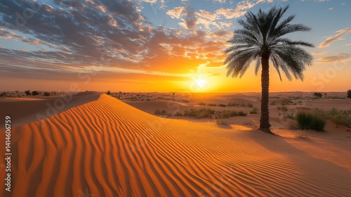 Stunning Desert Sunset with a Lone Palm Tree and Golden Sand Dunes
