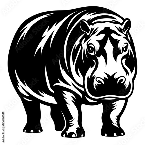 Striking Black and White Hippopotamus Illustration with Bold Artistic Flair Depiction