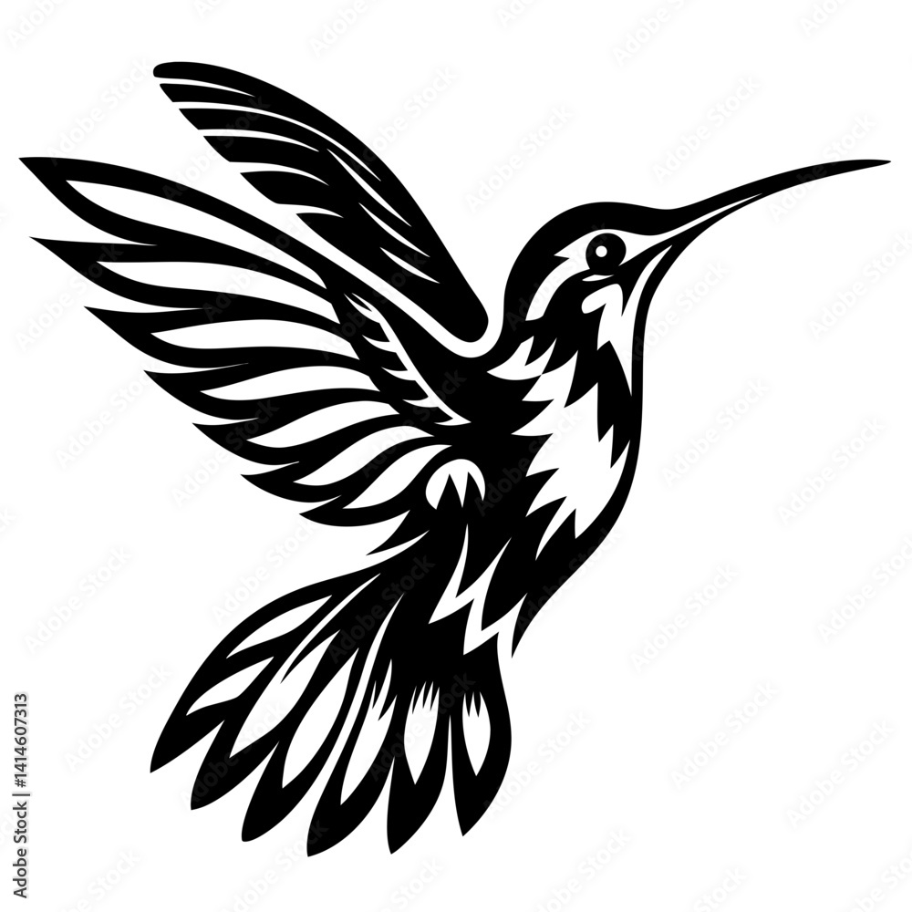Obraz premium Stylized black and white hummingbird illustration with intricate wing and body details