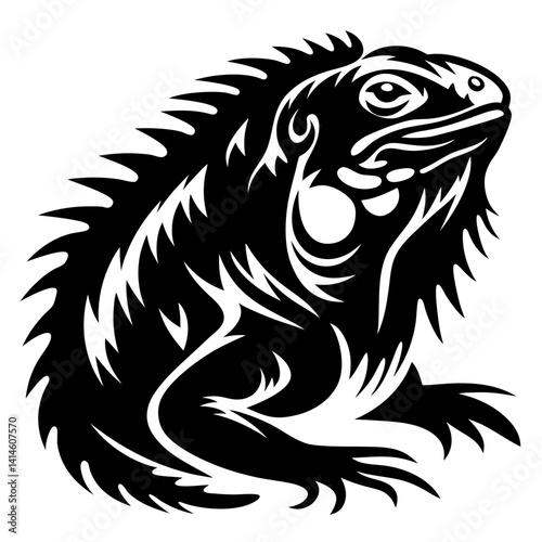 Dramatic Black and White Illustration of a Regal Iguana Looking Upward