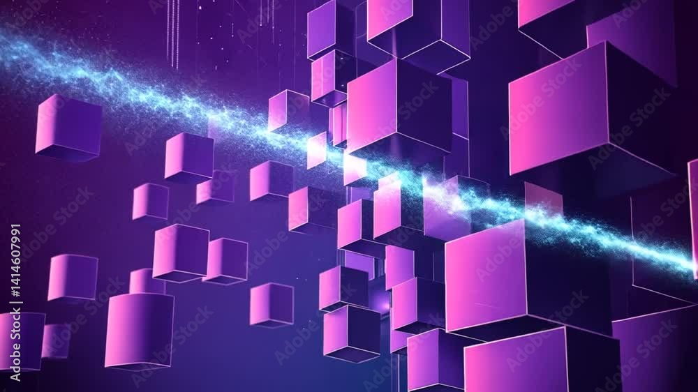 Abstract digital art featuring floating purple cubes and a glowing blue beam in a cosmic background