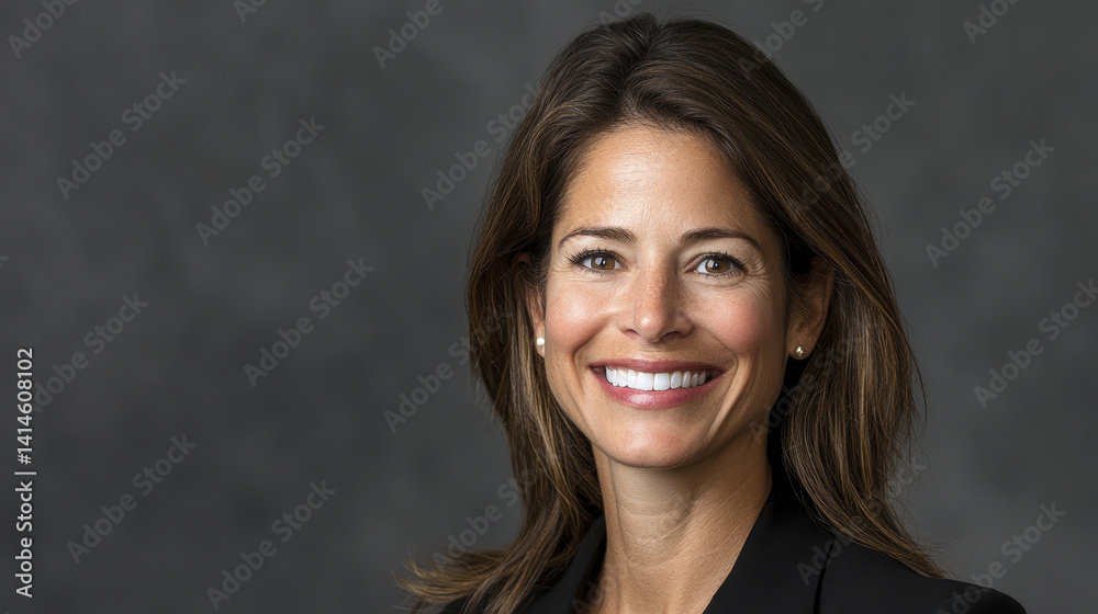 confident woman smiling in professional setting, showcasing elegance and poise confident woman smiling in professional setting, showcasing elegance and poise