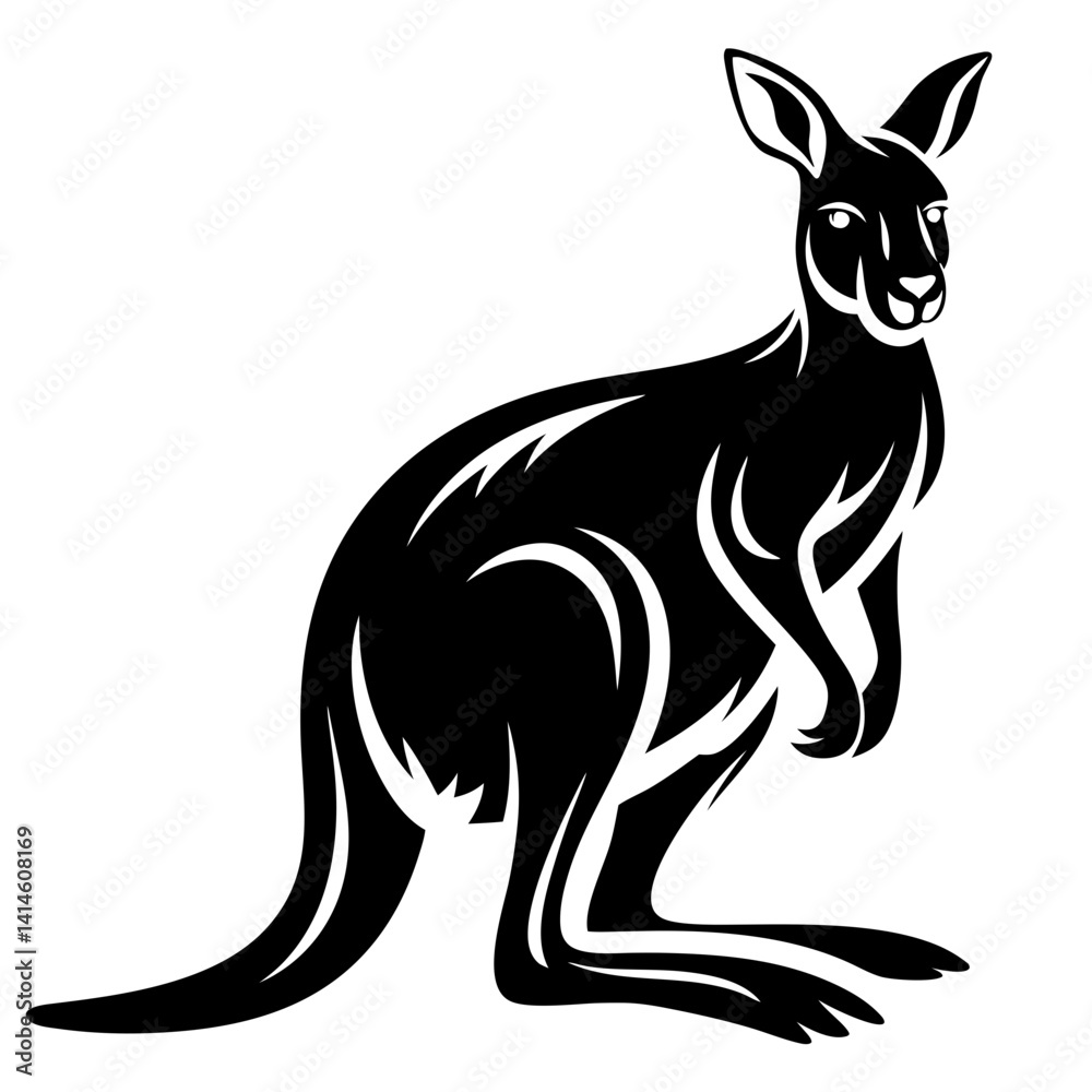 Striking Black and White Silhouette of a Kangaroo in a Classic Pose Striking Black and White Silhouette of a Kangaroo in a Classic Pose