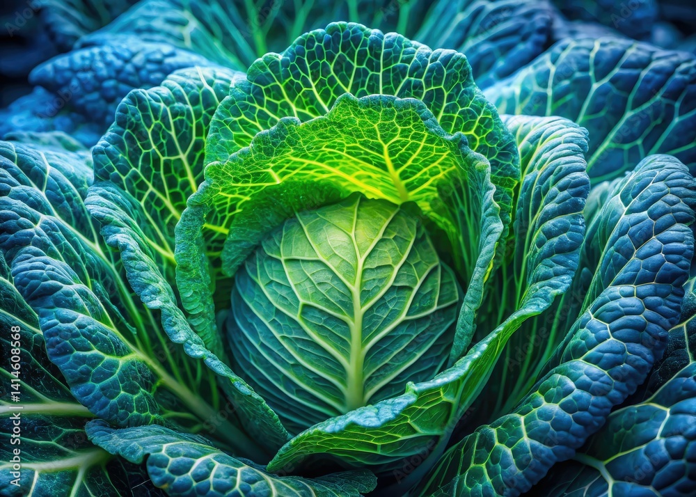 Fototapeta premium Double Exposure Cabbage Photography: Surreal Green Vegetable Art, Close Up Macro Shot
