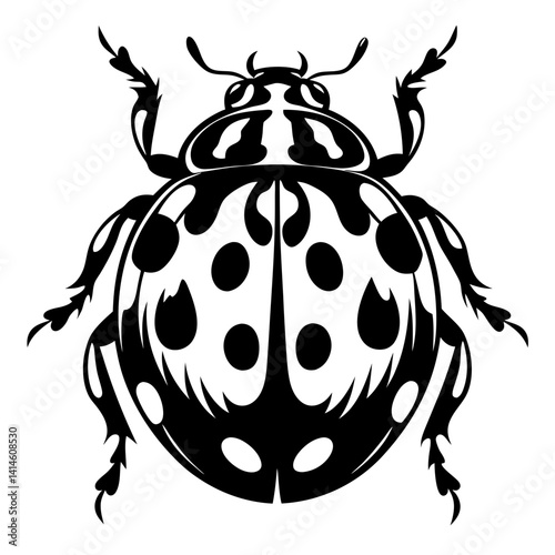 Stylized black and white illustration of a ladybug with ornate details